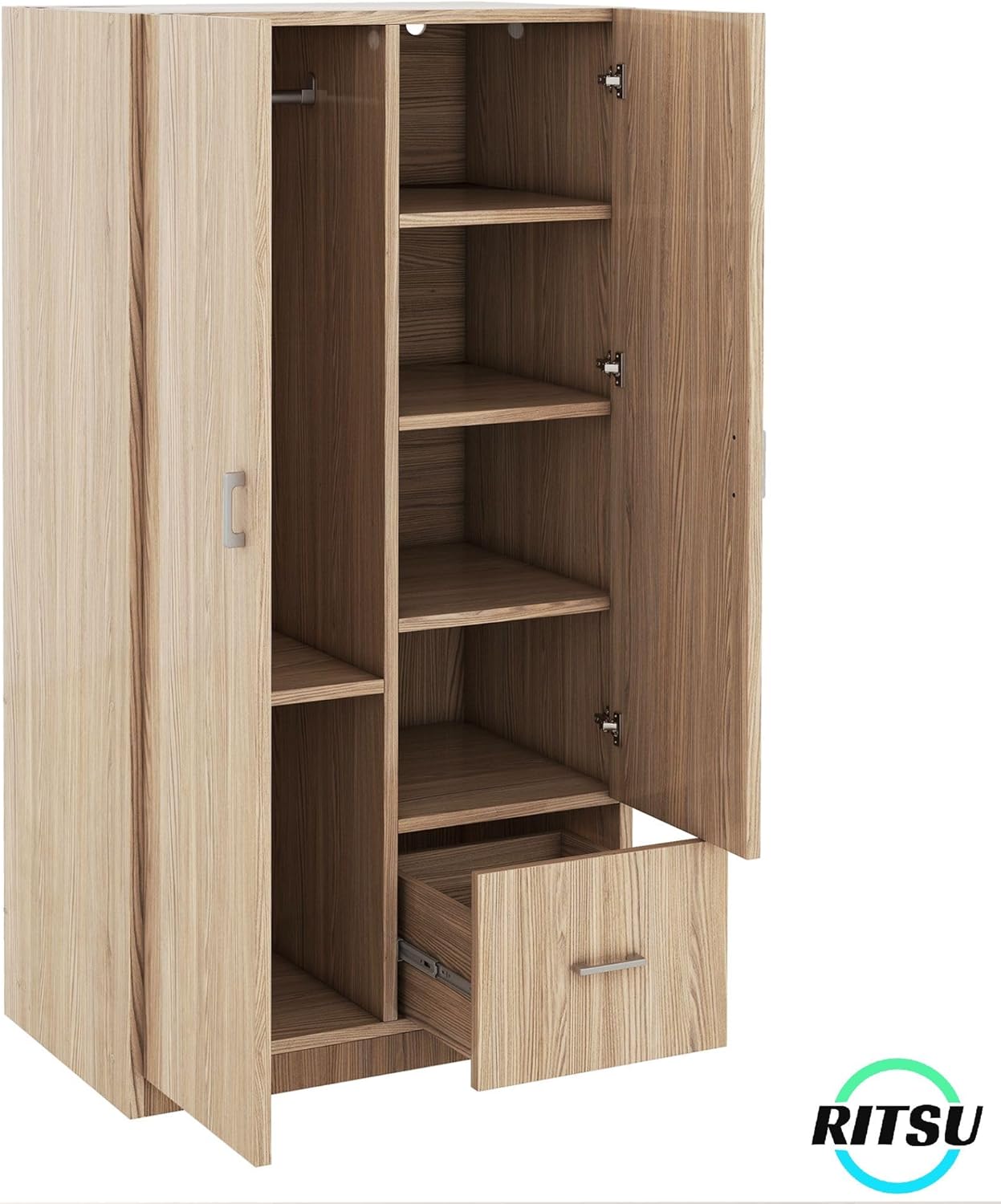 RITSU Armoire Wardrobe 2 Doors, Freestanding Clothes Cabinet w/ 1 Drawer, 5 Open Shelves and Hanging Rod, Versatile Wooden Storage Closets Organization for Bedroom, Natural, 31.5 Inch