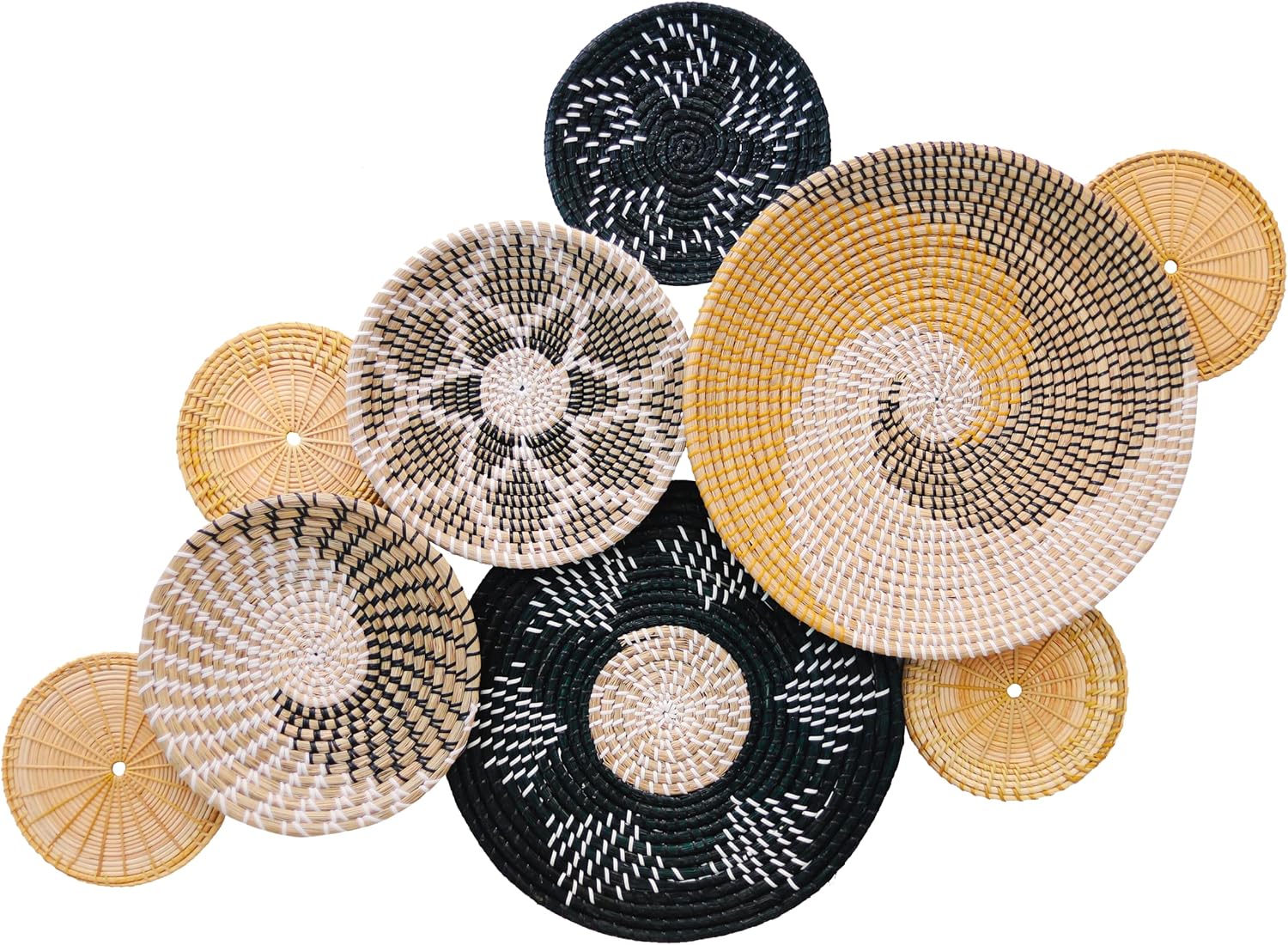 ChicnChill Wall Basket Decor - Set of 9 Seagrass Boho Wall Decor, Rustic Woven Wall Hangings from Seagrass and Wicker with African Design - Indoor Wall Display