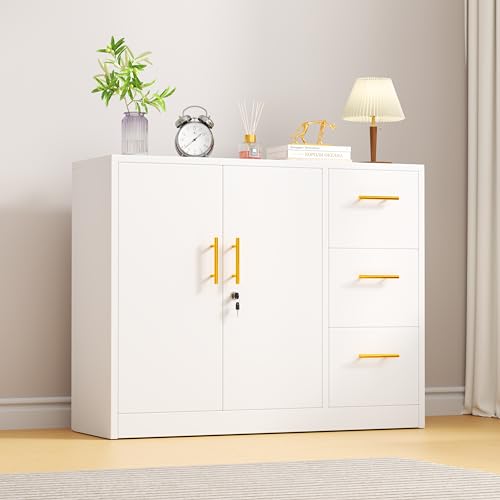 Large Metal Sideboard Buffet Cabinet with 2Doors and 3Drawers,Cupboard Console Coffee Wine Bar,lateral File Cabinet with Lock,Storage Accent Cabinet for Kitchen Dining Room, Living Room,Entryway