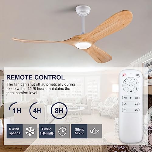 BOOMJOY 52 Inch Wood Ceiling Fan with Lights Remote Control, 3 Color Temperatures and 6 Speed Reversible Blades, Indoor Outdoor Ceiling Fan for Bedroom Living Room Study Patios