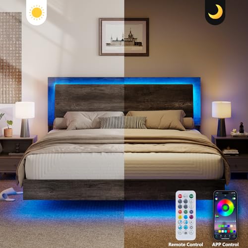 Full Size Floating Bed Frame, Farmhouse Platform Bed Frame with Headboard and LED Light/No Box Spring Needed/Noise Free/Easy Assembly, Rustic Grey
