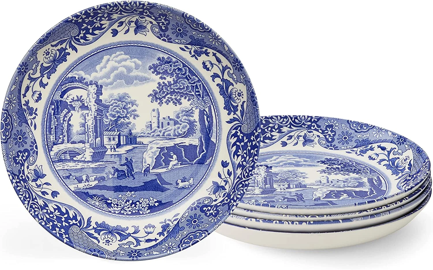 Spode Blue Italian Pasta Bowl Set of 4, 9-Inch Salad, Pasta, and Soup Serving Bowl, Round, Wide, and Shallow Bowl, Microwave Safe Plate Dishwasher Safe