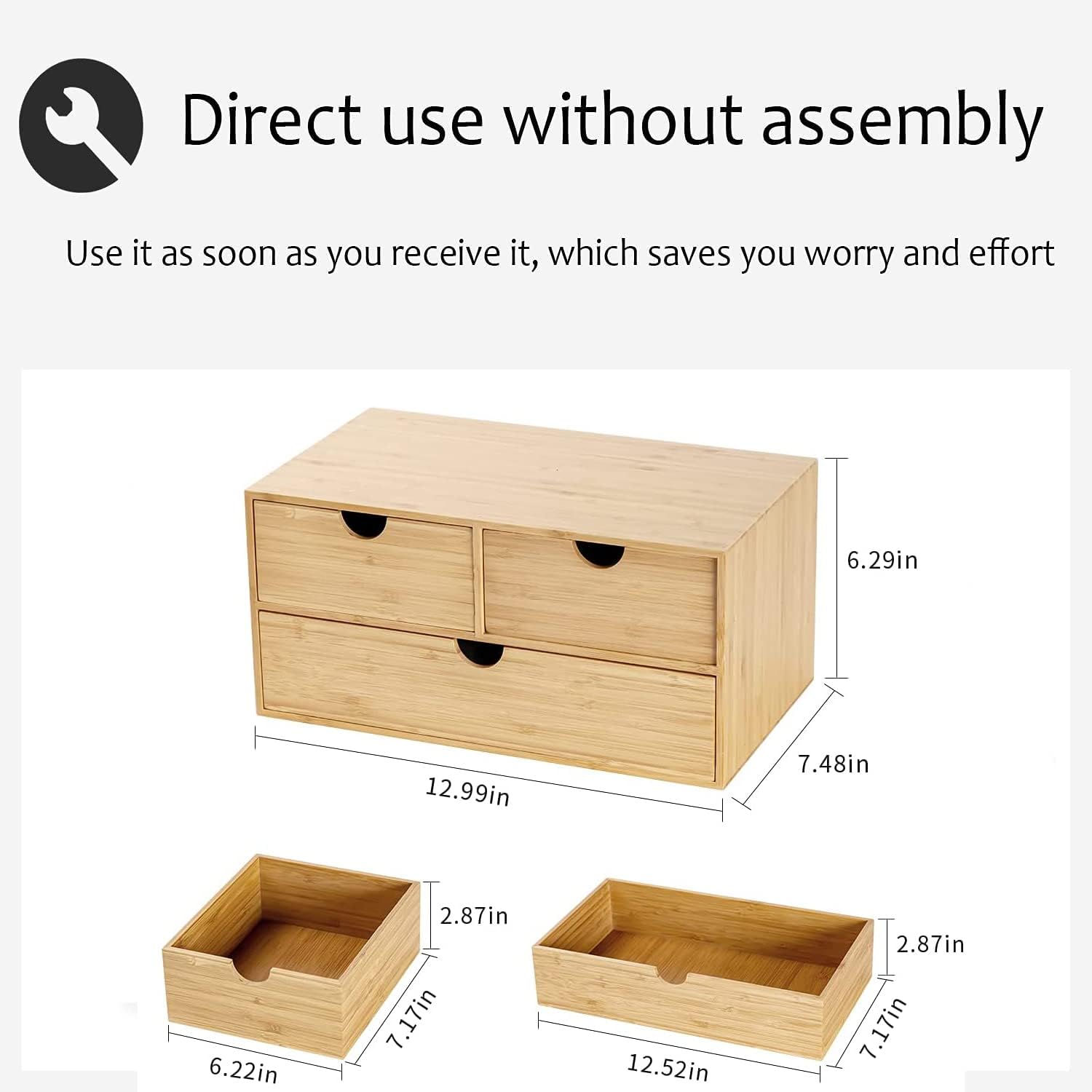 Wisdture Mini Storage Box with Drawers,Practical Office Storage Bins,Bamboo Desk Sets and Accessories Suitable for Office,Bedroom,Dressing Table,Large Desk Organizer(3 Drawer with Tall Drawer)