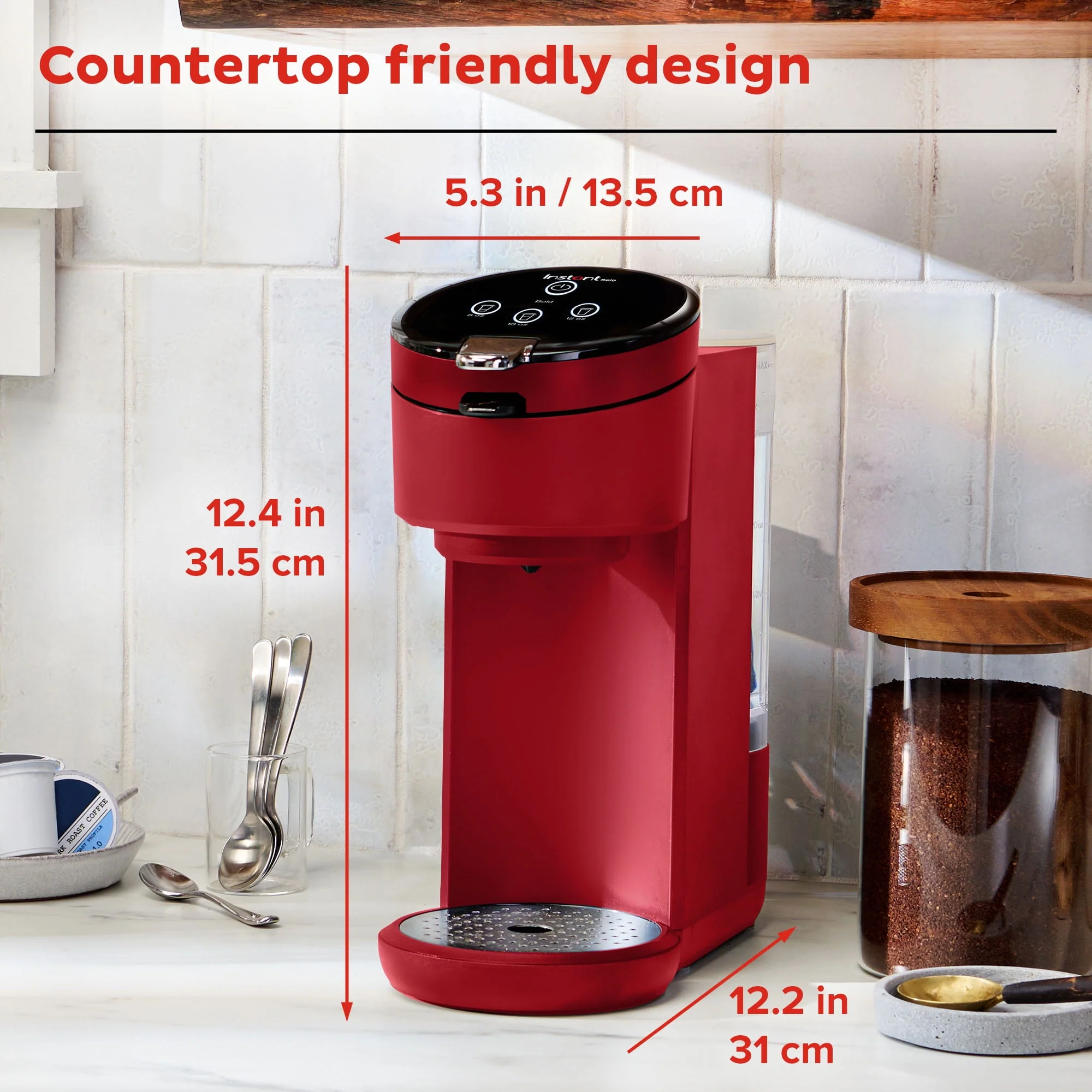 Instant Solo 2-in-1 Single Serve Coffee Maker for Ground Coffee or K-Cup Pods with 3 Brew Sizes, Maroon Red