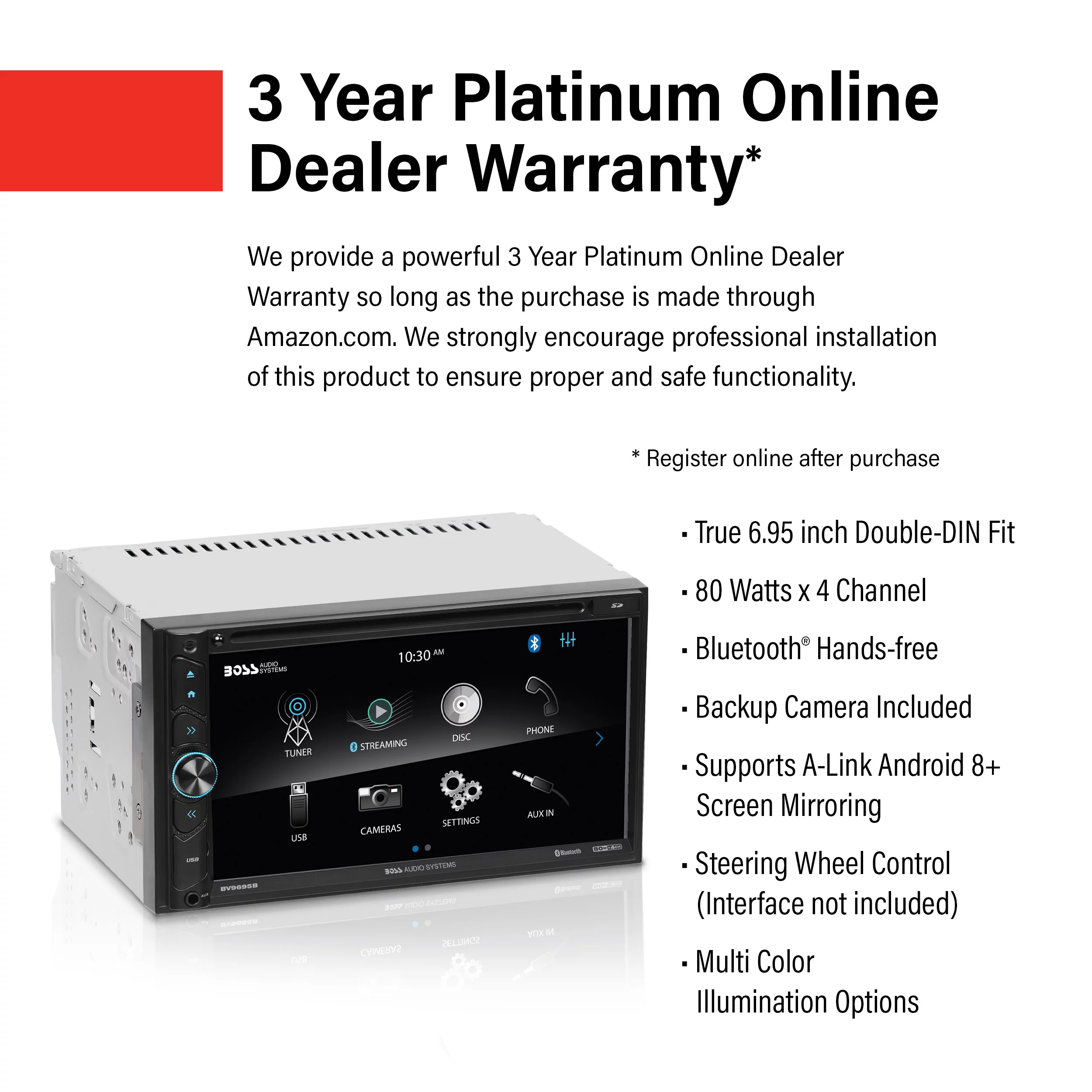 BOSS Audio Systems BVB9695RC Car Audio Stereo System - 6.95 Inch Double Din, Touchscreen, Bluetooth Audio and Calling Head Unit, SD, CD Player, A-Link (Screen Mirroring), Radio Receiver, Backup Camera