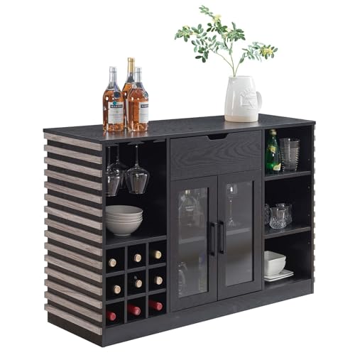 Home Source Deluxe 47.5" Wine Bar Cabinet with Open Wine Rack, Liquor Shelves Buffet Storage Sideboard with Glass Door & Drawer for Kitchen Credenza Dining Room Living Room, Grey