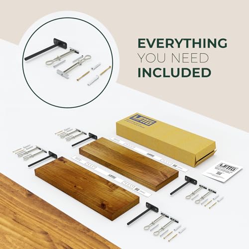 Letto Solid Wood Floating Shelves, Set of 2, 10" D x 24" W x 1.57" H - Pine Wood and Environmentally Friendly Wood Floating Shelves, Water Resistant, Thick Wood, All-Included Set Up, Honey Oak Shelf