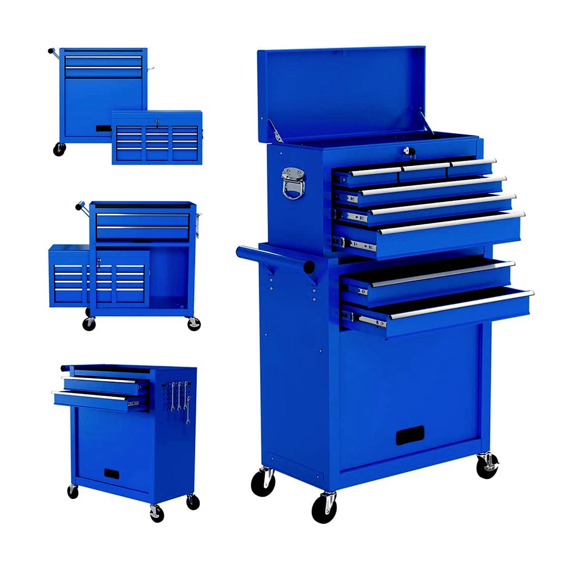 Aukfa Tool Chest, 2 in 1 Steel Rolling Tool Box & Cabinet On Wheels for Garage, 8-Drawer, Blue