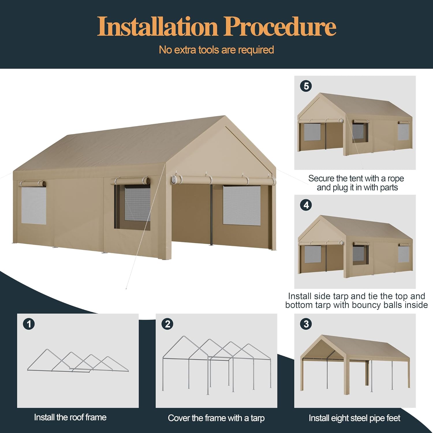 Shintenchi 12x18.5ft Heavy Duty Carport, Portable Garage with Removable Sidewalls, Doors and Ventilated Windows, All-Season Tarp for Car, UV Resistant Waterproof Carport Canopy for Outdoor (Khaki)