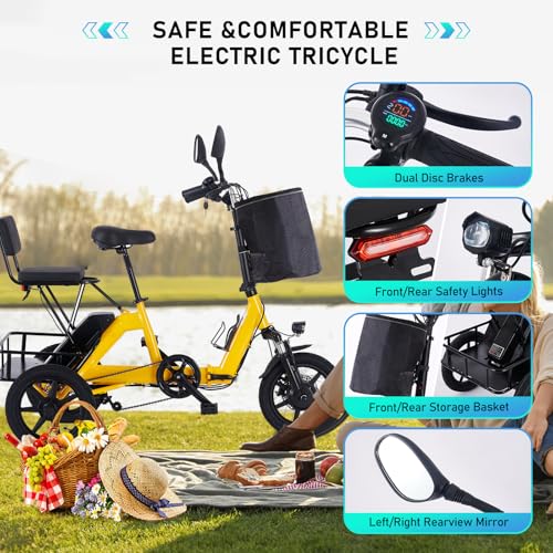 Electric Tricycle for Adults Foldable, 350W(Peak 500W) Folding Electric Trike, 3 Wheel Bikes for Adults with 480Wh Removable Battery, Trike Ebike with 2 Seats and Large Basket for Seniors Women