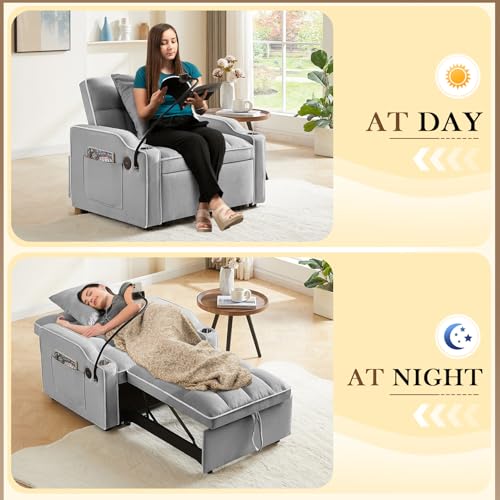 Convertible Sleeper Sofa Bed, 3 in 1 Velvet Pull Out Loveseat Couch Modern Comfy Futon Sofa with Adjustable Backrest & Phone Holder & USB Charging Space Saving for Living Room, Small Apartment, Grey