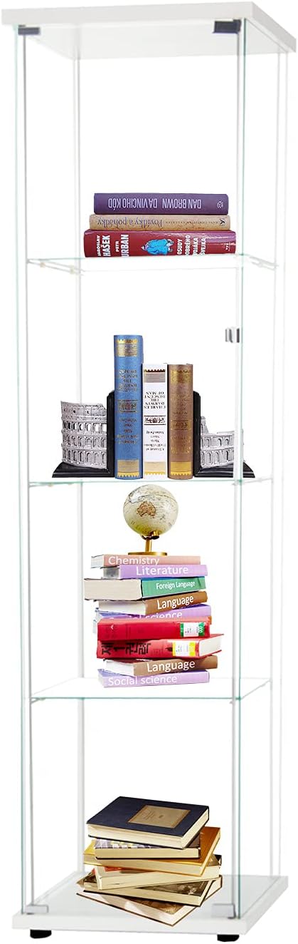 LFT HUIMEI2Y 4-Shelf Glass Display Cabinet with Door, Curio Cabinets 4mm Tempered Glass Floor Standing Bookshelf for Bedroom, Kitchen, Living Room 64��x 17��x 14.5�� Natural Wood