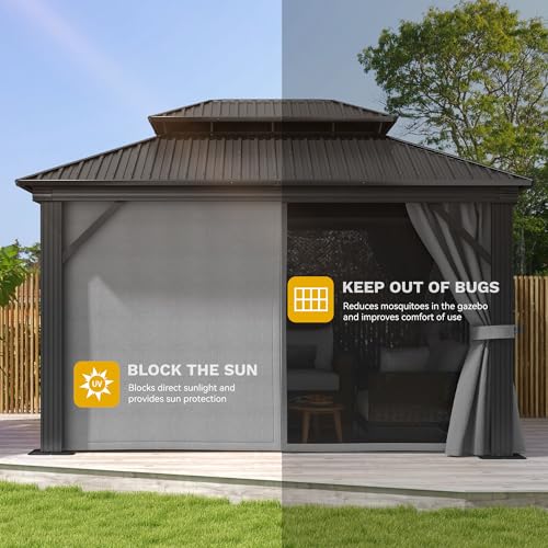 DWVO 10x12ft Hardtop Gazebo Double Roof with Nettings and Curtains, Heavy Duty Galvanized Steel Outdoor Vertical Stripes Roof for Patio, Backyard, Deck, Lawns, Brown