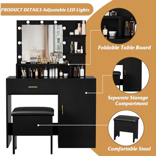 GAOMON Vanity Desk with Mirror and Lights, Makeup Vanity with Drawer, 3 Level Cabinets & 3 Tiers of Open Shelves, Bedroom Dressing Table, White
