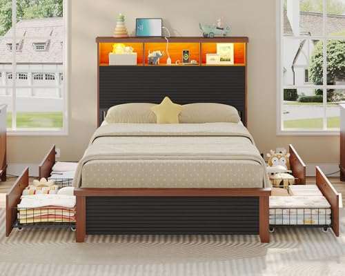VIAGDO Wood Bed Frame Full Size with 4 Storage Drawers and Charging Station, Fluted Led Full Bed Frame with 2 Tier Storage Headboard, No Box Spring Needed,Wood