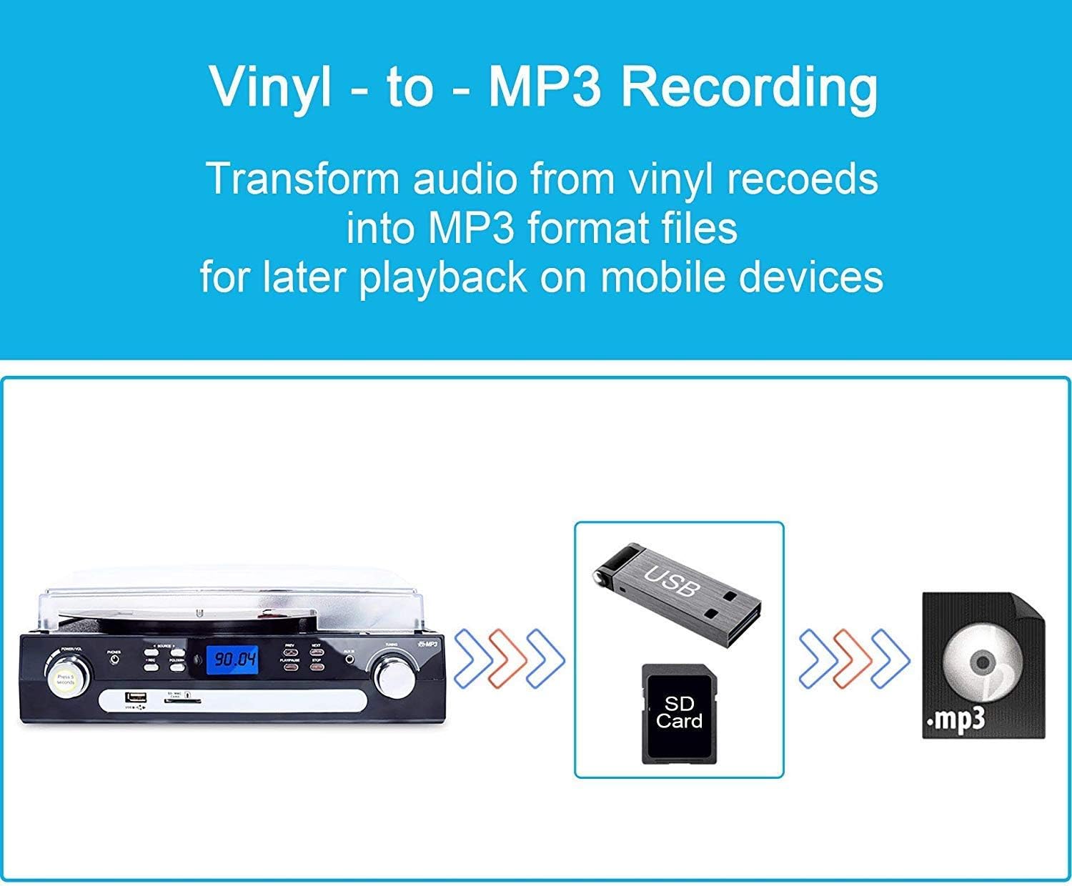 DIGITNOW Bluetooth Record Player with Stereo Speakers, Turntable for Vinyl to MP3 with Cassette Play, AM/FM Radio, Remote Control, USB/SD Encoding, 3.5mm Music Output Jack(Black) Pack of 2