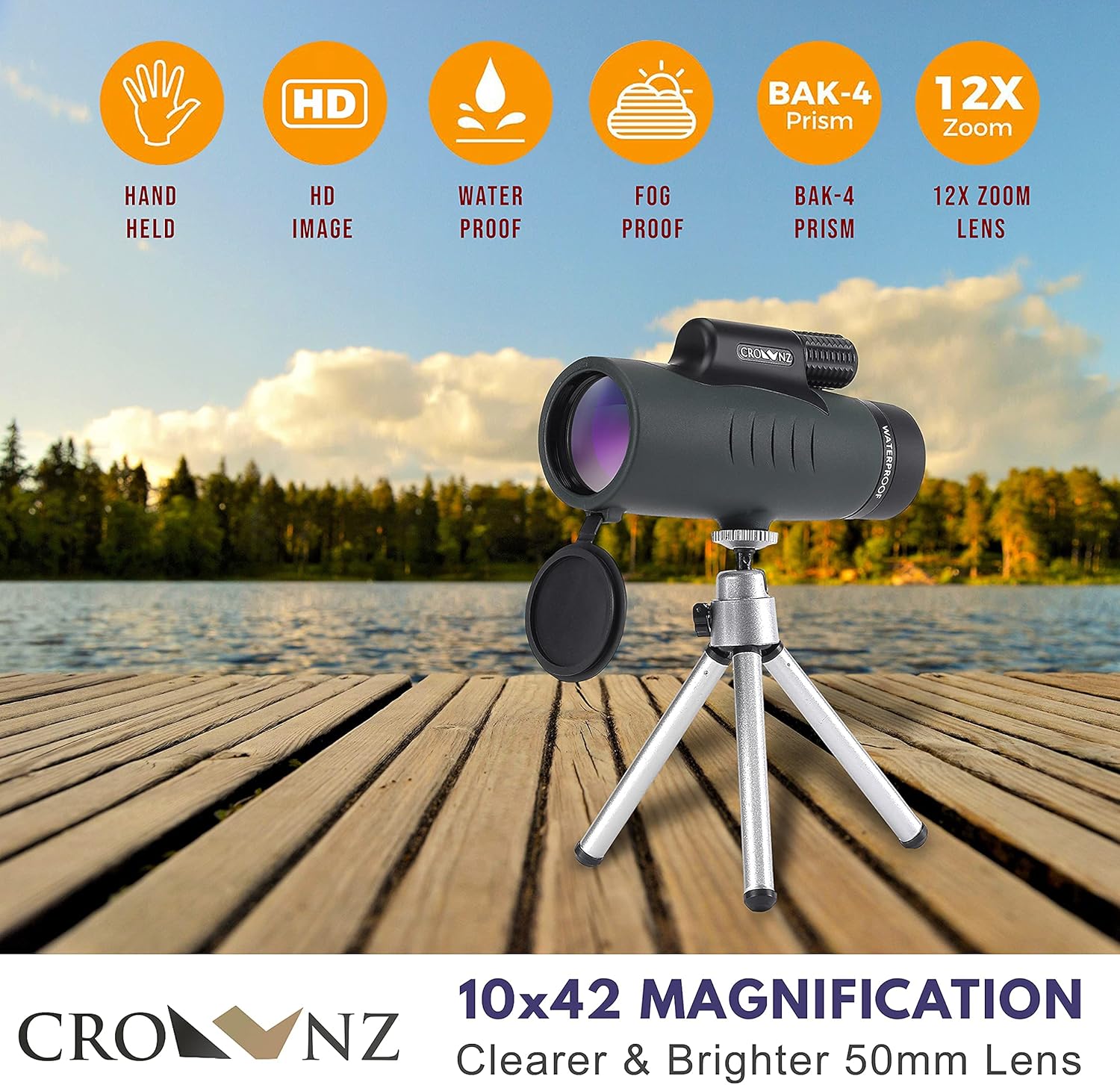 Crownz Monocular Telescope Day Low Night Vision High Power Monocular with Quick Smartphone Holder Tripod BAK4 Prism Dual Focus for Bird Watching Hunting Camping, Waterproof Fog Proof Shockproof Scope