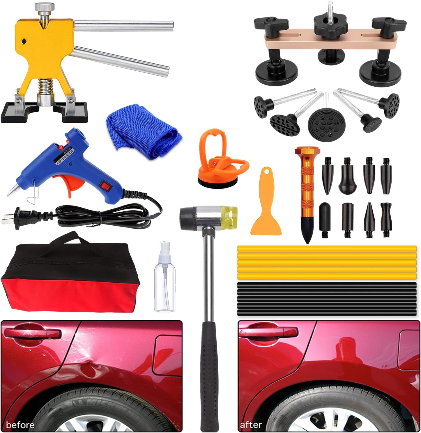 Henergy Paintless Car Dent Repair Kit - 52PCS Car Dent Removal Puller Kits Professional Car Dent fix Removal Tool Hail Damage Dent Repair Puller Tool Rubber Hammer Tap Down Tool Pack of 2
