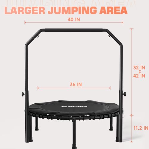 BCAN 450/550 LBS Foldable Mini Trampoline, 40"/48" Fitness Trampoline with Bungees, U Shape Adjustable Foam Handle, Stable & Quiet Exercise Rebounder for Adults Indoor/Outdoor Workout