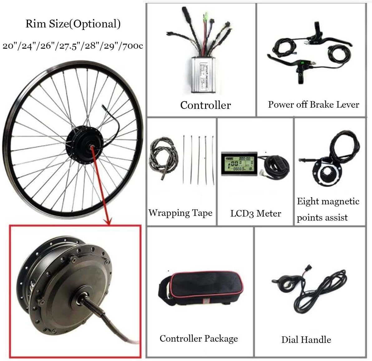 Ebike Conversion Kit 20"/24"/26"/27.5"/28"/29"/700C Front Wheel Electric Bicycle Motor Conversion Kit E-Bike Cycling Hub with LCD3 Display,20INCH-36V/250W