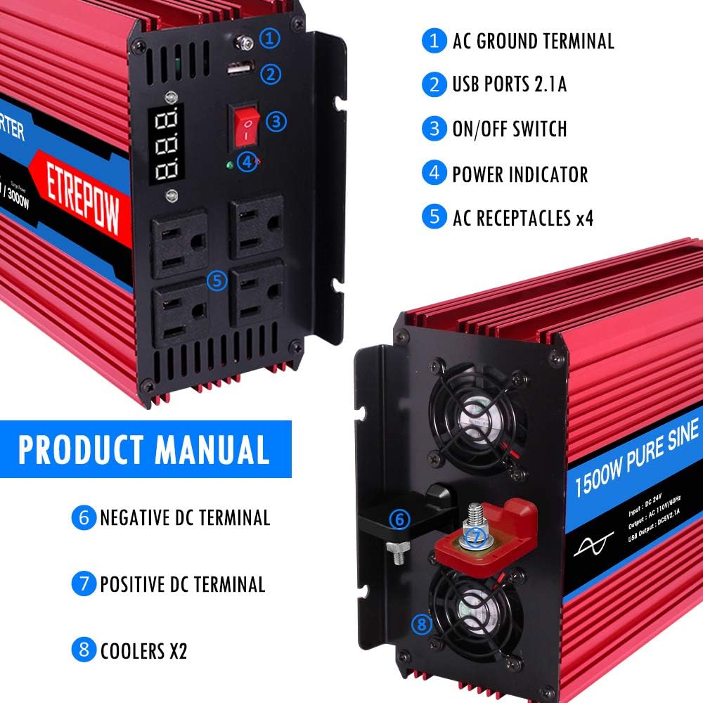 ETREPOW 3000 Watt/6000 Watt Pure Sine Wave Power Inverter 12V DC to 110V /120V AC Power Converter Wireless Remote Control-Off-Grid Inverter for Outdoor ,Home,Camping, RV,Truck,Car
