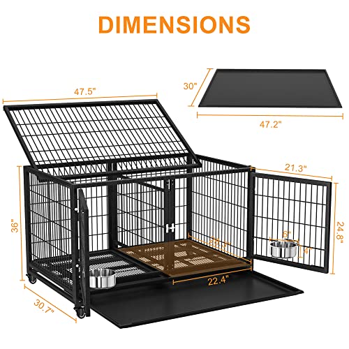 54/48/42/38 inch Heavy Duty Indestructible and Escape-Proof Dog Crate Cage Kennel for Large Dogs, High Anxiety Dog Crate with Removable Wire Trays and Wheels, Extra Large XL XXL