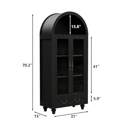 71" Farmhouse Tall Arched Storage Cabinet, Freestanding Cabinet Display Case with Glass Doors, Arched Storage Cabinet for Kitchen Pantry, Dining Room, Bookcase