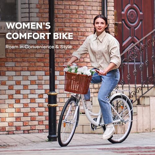 Viribus Beach Cruiser Bike for Women, Womens Bike 24 26 inch, Cruiser Bike with Basket 1 Speed, Bicycle Bike for Short Women, Step Through Bike, Commuting Bike, Adult Bicycles for Women