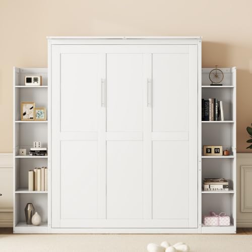 Queen Size Murphy Bed Wall Bed with 2 Side Cabinet Storage Shelf & Desk Combo,68-inch Vertical Wall Bedframe w/Can Be Folded for Bedroom Guest Room Small Space, White