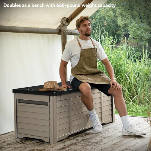 DWVO Large Deck Box 120 Gallon Waterproof Outdoor Storage Box, Extra Large Outdoor Storage Bin, Resin Louvered Patio Storage for Outdoor Pillows, Garden Tools & Pool Supplies, Lockable, Dark Brown