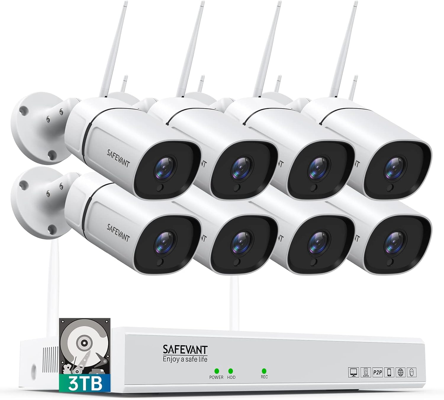 [2 Way Audio,2K] Wireless Security Camera System,SAFEVANT 8 Channel Wireless NVR System with 8pcs 1080P HD Security Cameras and 3TB Hard Drive,Home Camera System Wireless for Outdoor Indoor
