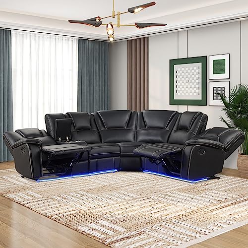 PU Leather Living Room Set Manual Reclining Sectional Sofa w/Infinite Lounge&Metal Frame for Home Office,Multi-functional Leisure Sofa Recliner Couch w/LED,Cup Holders&Hidden Arm Storage for 6 (Brown)