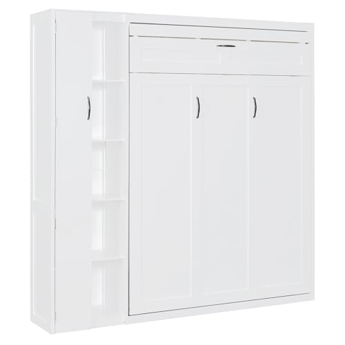 Full Size Murphy Wall Bed With Storage and Bookcase Headboard, Solid Wood Cabinets With Shelves, Drawers and USB Ports, Multi-Function Platform for Home Office, Guest Room - White