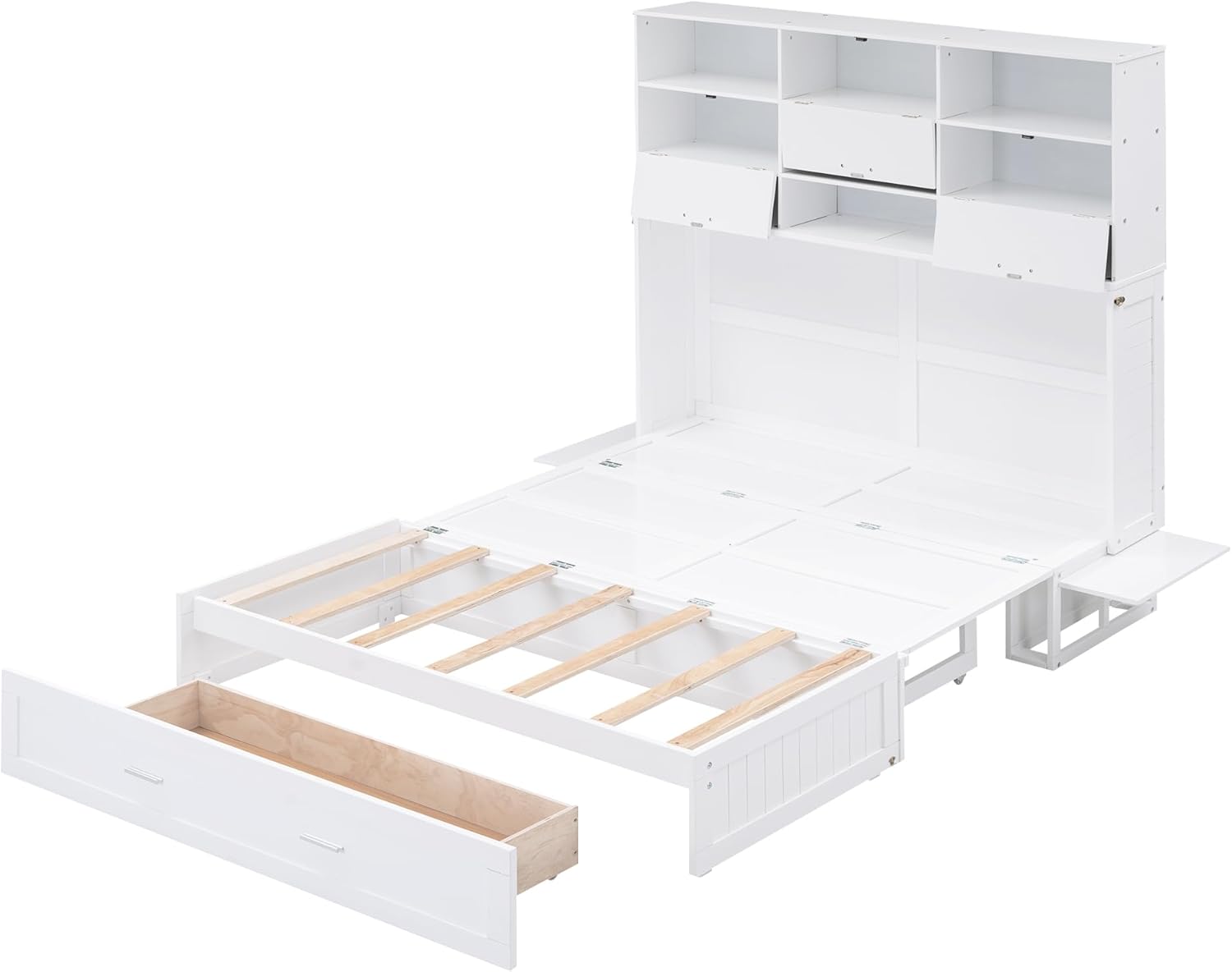 Queen Size Murphy Bed with Bookcase, Bedside Shelves and A Big Drawer, Murphy Platform Bed, for Guest Room Home Office