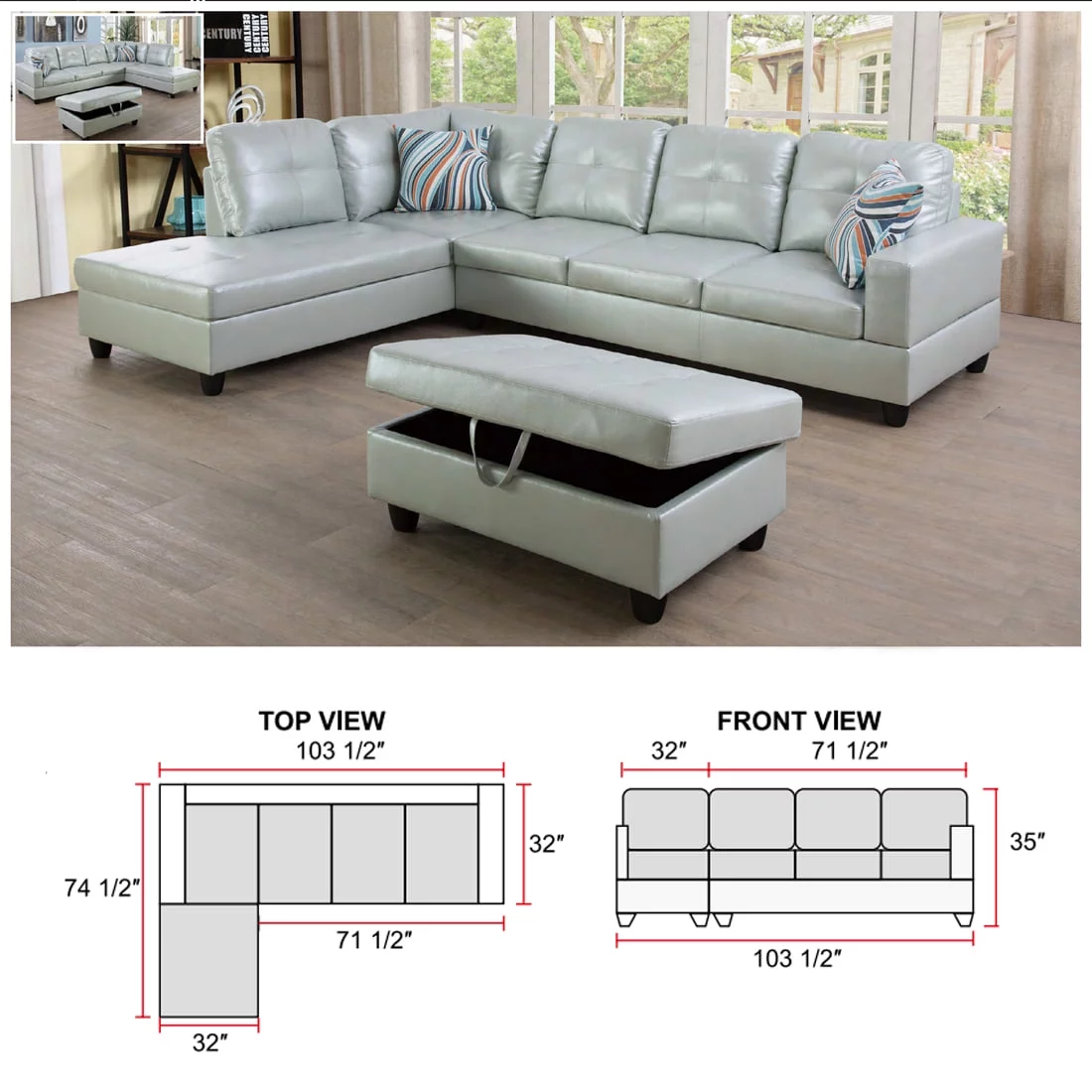 Ainehome Furniture Silver Green Leather Sectinal Sofa Set, L-Shaped Modern & Contemporary Sofa with Chaise Storage Ottoman for Living Room Furniture - Left Hand Facing