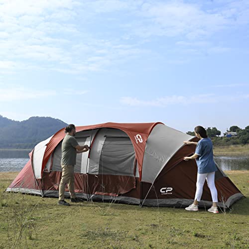 CAMPROS CP Tent 12-Person-Camping-Tents,3 Room Family Tents,Waterproof Windproof Family Tent with Top Rainfly,6 Large Mesh Windows,Double Layer,Easy Set Up, Portable with Carry Bag-20' x 9' x 72"(H)