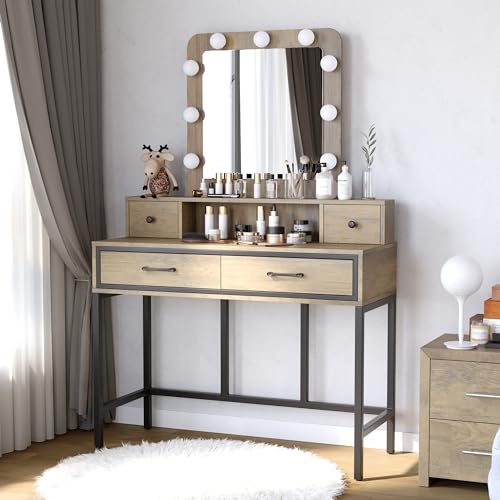 Sunvivi Vanity, Makeup Vanity Desk with 3 Color Dimmable Lighted Hollywood Mirror, White Vanity with 4 Drawers, Large Dressing Table for Women Girls