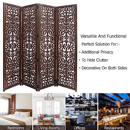 Room Divider Wood Screen - Ghanti Bells Antique Brown - 4 Panel Folding 72 x 80 - Assembled Hand Carved Decorative Functional Versatile Portable Partition Reversible Privacy Boho - COTTON CRAFT