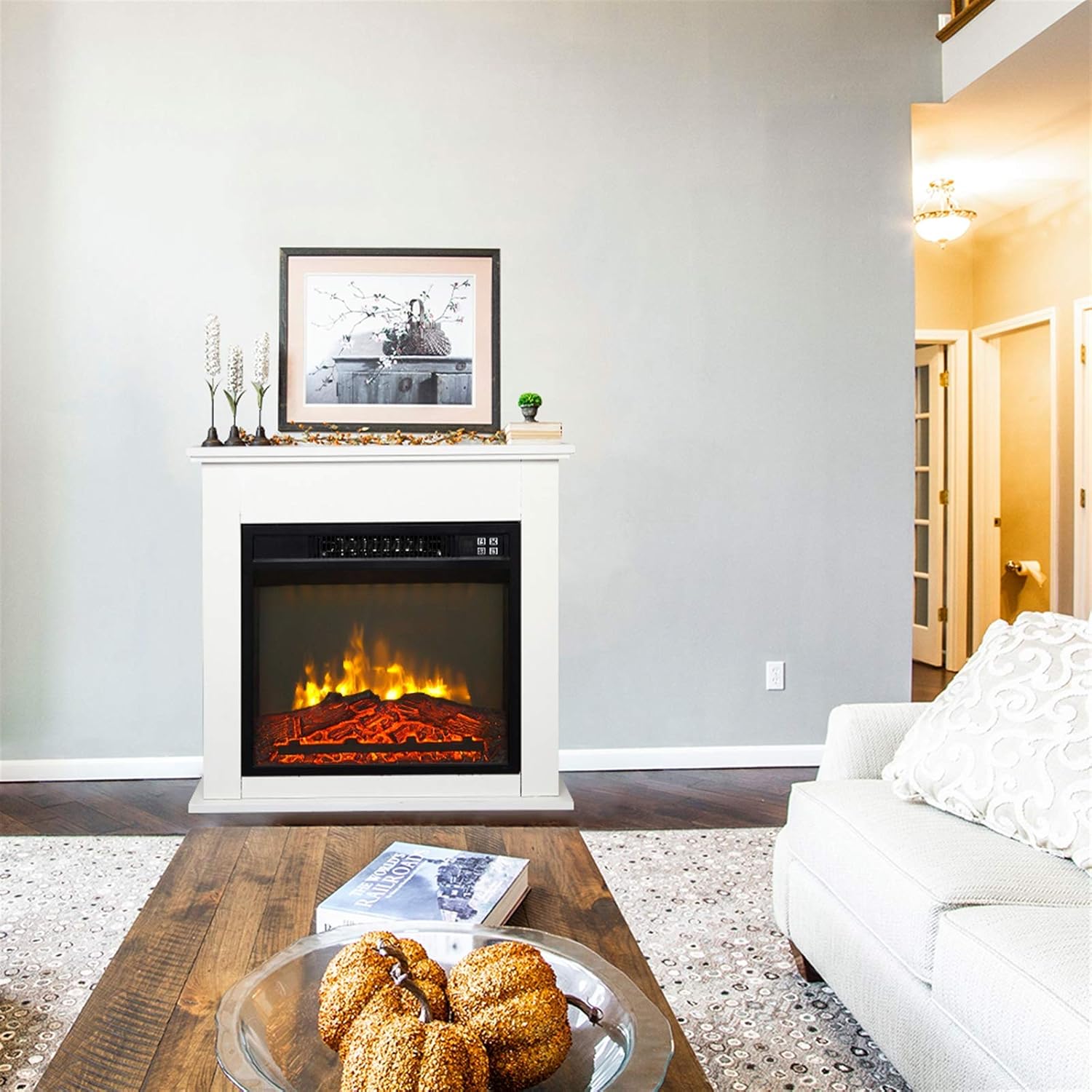 Electric Fireplace - 24.8 Inch White Wood Fireplace Cabinet with Mantel Package Freestanding Fireplace Heater , Fireplaces Stove Heater with Auto-Shutoff,Overheat Protection and Remote Control
