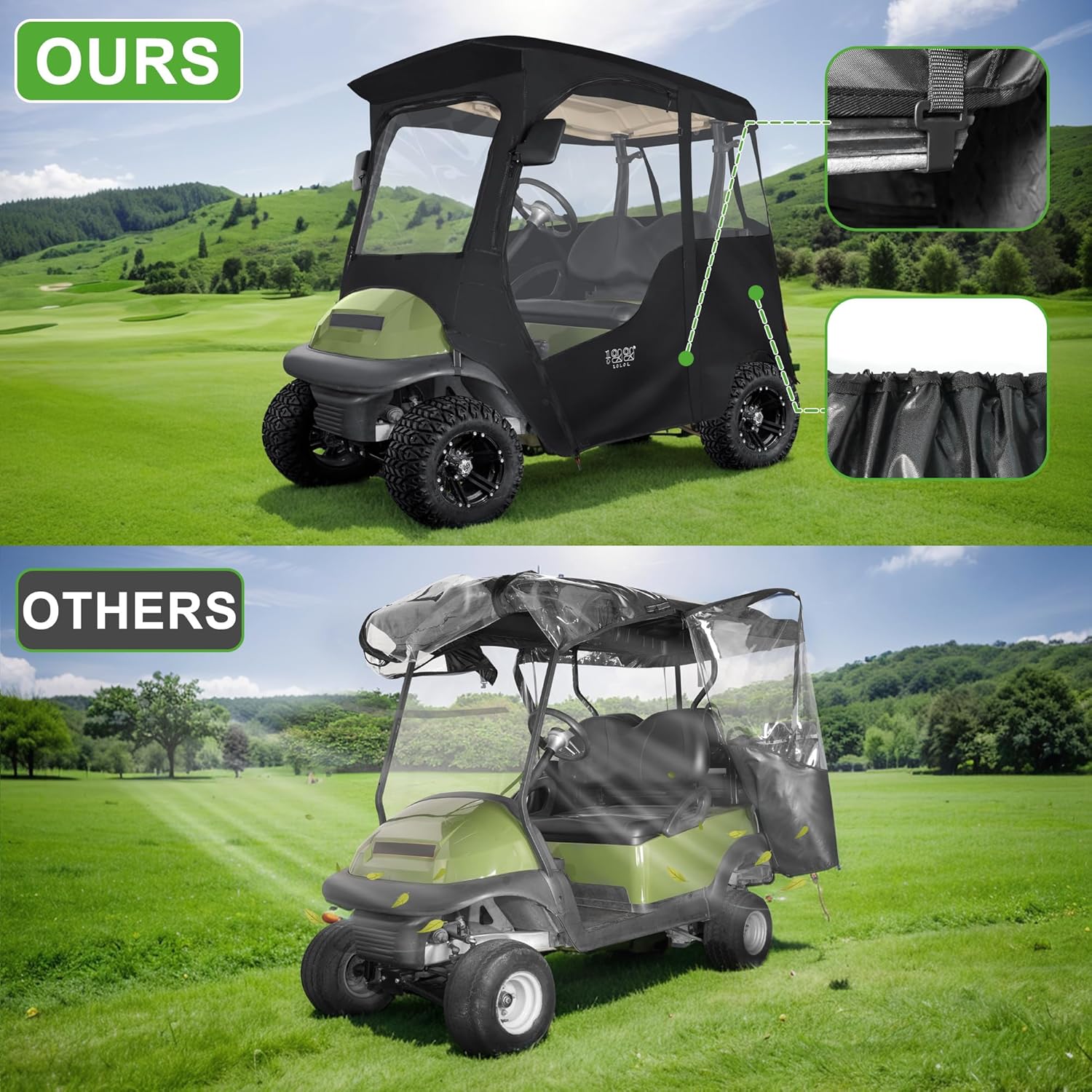 10L0L 800D Deluxe Golf Cart Enclosure 2 Passenger for Club Car Precedent, Onward & Tempo Golf Cart, 4 Sided Clear PVC Window with Security Side Mirror Openings and Zipper Entry Golf Cart Rain Cover