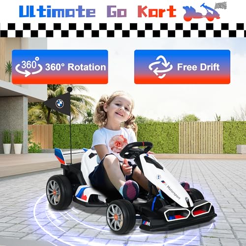 Licensed BMW Electric Go Kart for Kids Ages 6-12, 24V 9AH Drift Kart with Two 200W Motors, LED Lights, Drift Mode& 2 Speed Modes, Adjustable Seat (White)