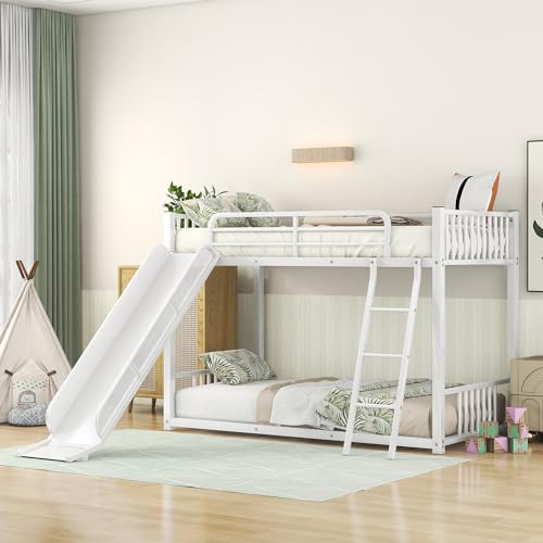 Metal Junior House Low Bunk Bed Twin Over Twin with Slide and Ladder, Montessori Floor Bunk Bed Frame with Full-Length Guardrail, Noise Free