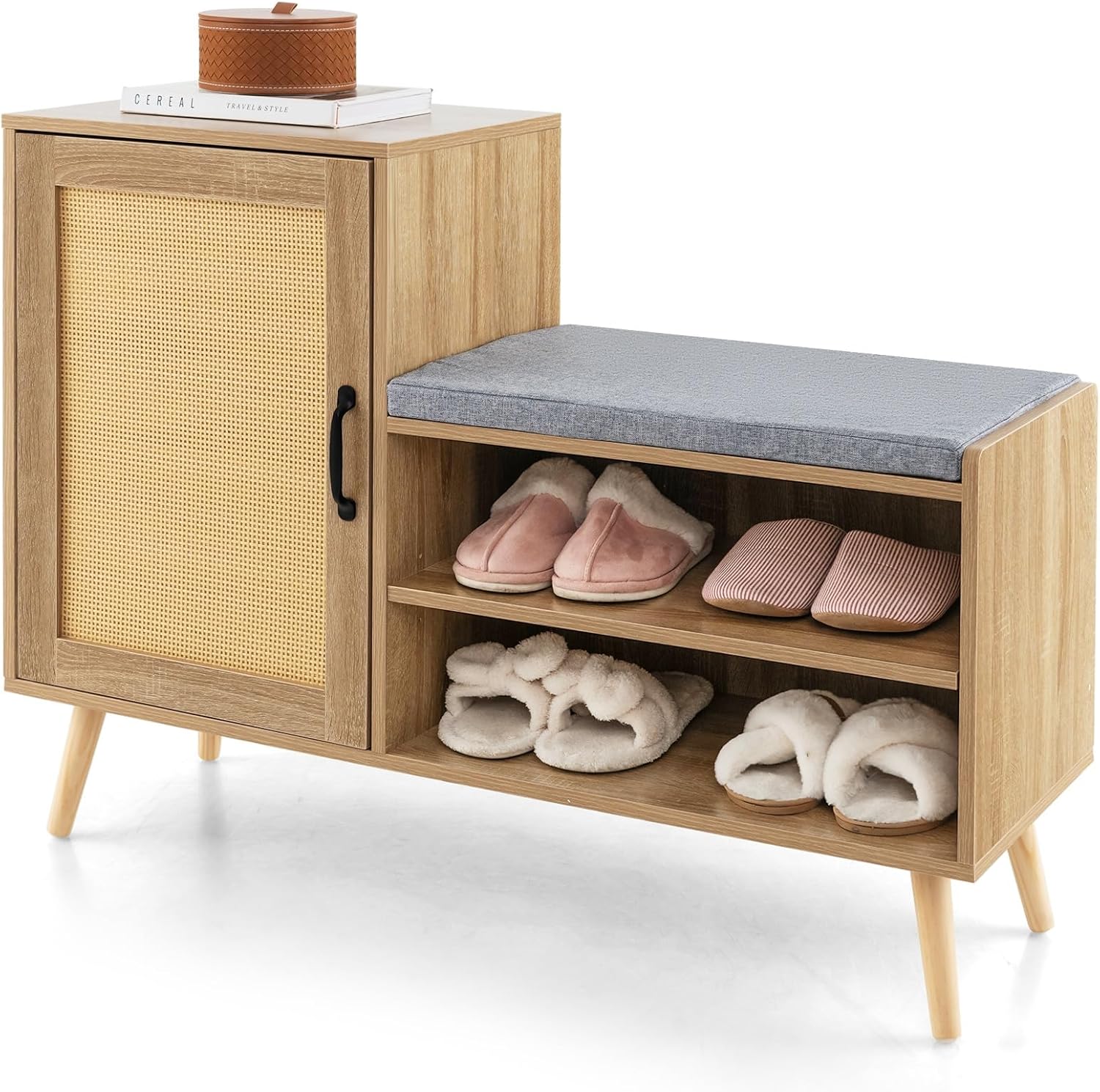 Giantex Shoe Cabinet with Shoe Bench - Rattan Shoe Storage Cabinet, Shoe Rack Organizer for 10-12 Pairs, Padding Seat Cushion, Boho Entryway Bench with Shelves for Hallway Mudroom Bedroom
