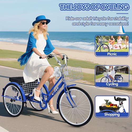 26 Inch Tricycle for Adults, 7 Speed Beach Cruiser Bike Adult Tricycles for Women Men, 3 Wheel Bikes for Adults Large Seat with Backrest, Three Wheel Bikes with Front & Rear Baskets
