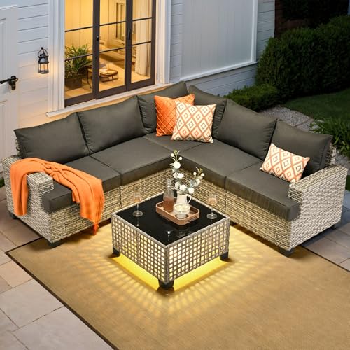 ovios 7 Piece Patio Sectional Furniture, Rattan Wicker Coversation Couch Set, Outdoor Sofa Set for Outside Porch Balcony Backyard Pool,Navy Blue
