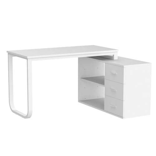FAMAPY 55.1” L-Shaped Desk with Drawers and Shelves, Office Desk Corner Desk with Storage, Computer Desk Craft Desk for Home Office Bedroom White