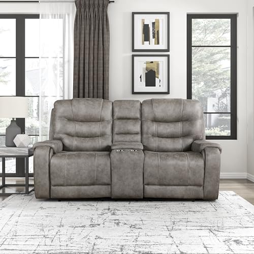 Lexicon Recliner Sofa for Living Room, Double Recliner RV Couch, Manual Wall Hugger Recliner Home Theater Seating Microfiber Reclining Sofa, 76.5''W Loveseat with Center Console, Grayish Brown