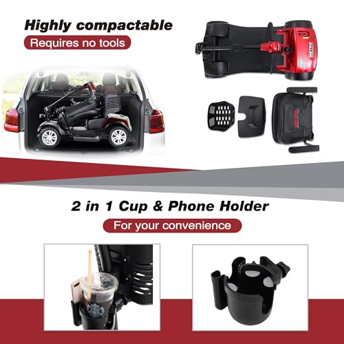 Outdoor Compact Mobility Scooter for Seniors, Foldable Electric Powered Mobile Wheelchair with Basket & Cup Holder 300 LBS Max Weight, Collapsible & Compact for Travel with Family (Red)