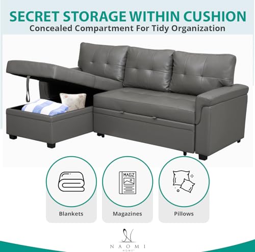 Naomi Home Jenny Sectional Sofa Sleeper with Storage Chaise, Tufted Pull Out Couch with Storage, L-Shaped Reversible Sleeper Sofa with Storage, Black,Air Leather