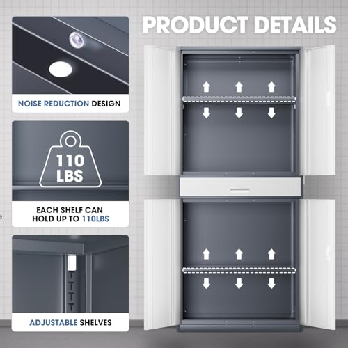 DNA MOTORING 71'' Metal Storage Cabinet, Locking Tool Cabinet with 1 Drawer and Adjustable Shelves, Lockable Heavy Duty Metal Locker for Garage,Office,Home,Gym, Gray, TOOLS-00629-GY-GY-A